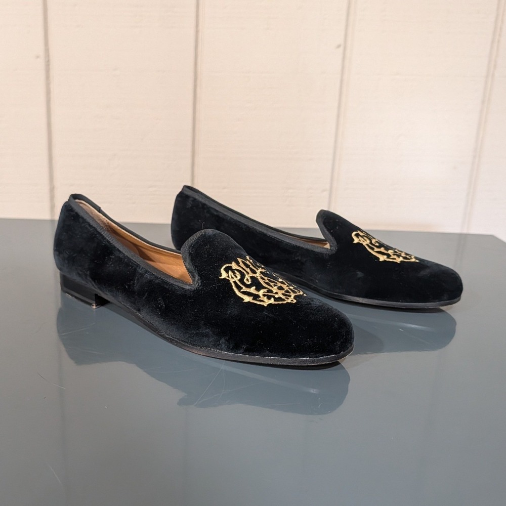 Stubbs & Wootton Black Velvet Embroidered Crest Smoking Flat Slippers 7.5 AA